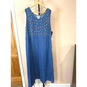 Basic Editions 1x NWT Women's Denim Overall Dress with Floral Embroidery